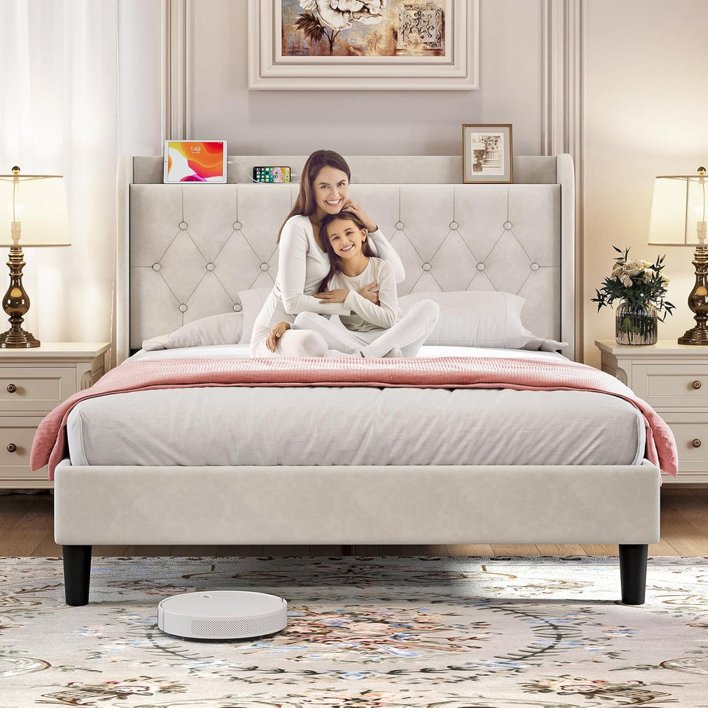 koorlian Full Size Bed Frame, Full Bed Frame with Headboard, Adjustable Velvet Upholstered Bed Frame with Type-C&USB Port, Wingback Storage Headboard, Solid Wood Slats Support, Noiseless, Beige