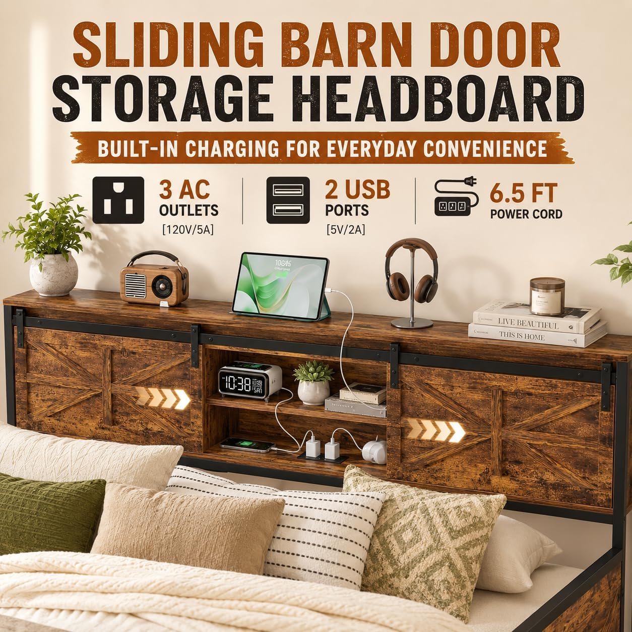 Homieasy Farmhouse Twin Daybed with Pop-Up Trundle, Metal Trundle Bed Frame with Bookcase Headboard, Charging Station & Barn Door Storage for Bedroom & Guest Room, Rustic Brown