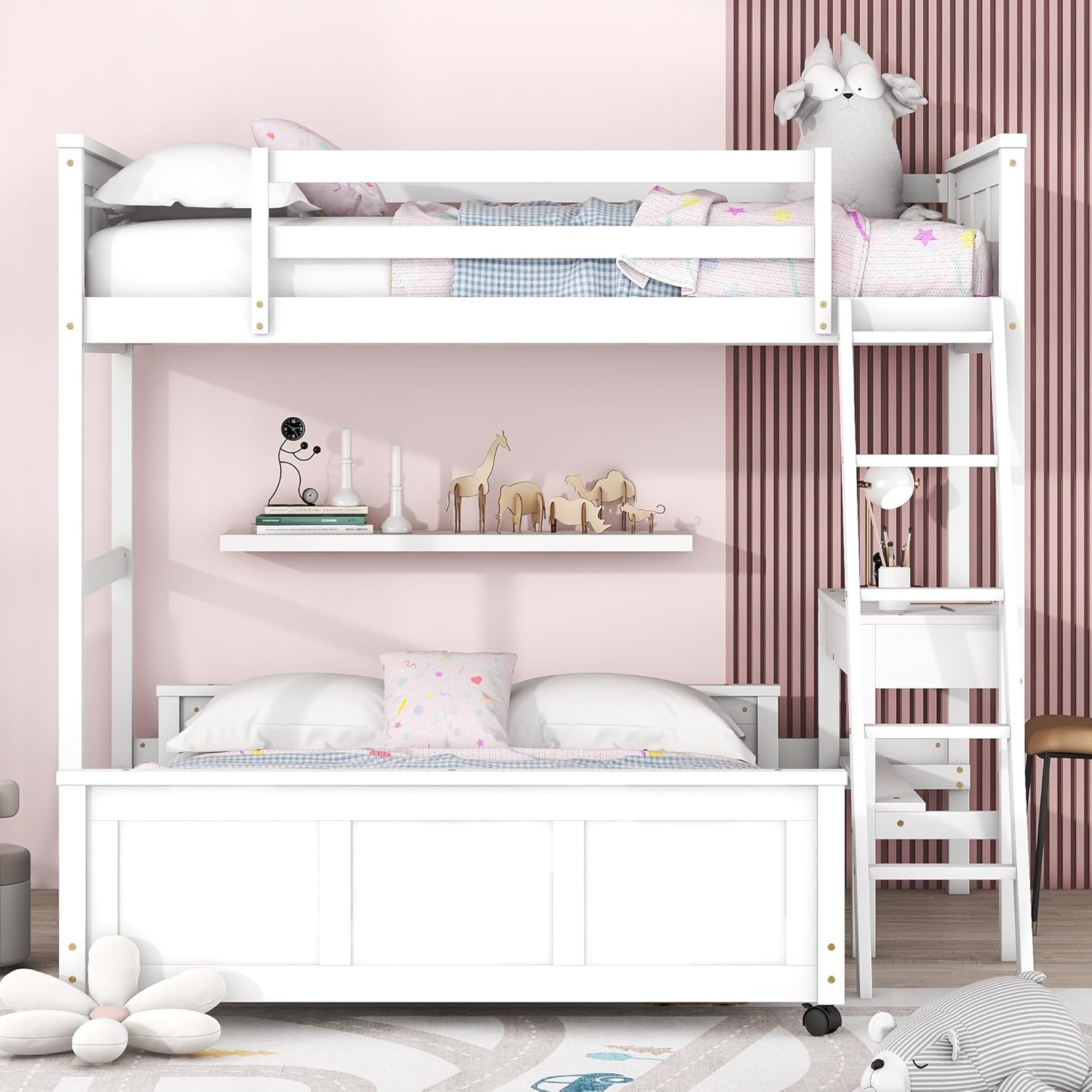 Ball & Cast Twin Over Full Bunk Bed with Safty Guardrail & Stairway,Heavy Duty Wood Loft Bedframe W/Desk & Drawers,Easy Assembly,Versatile Functional Bedroom Furniture Set for Boy Girl Teens,White