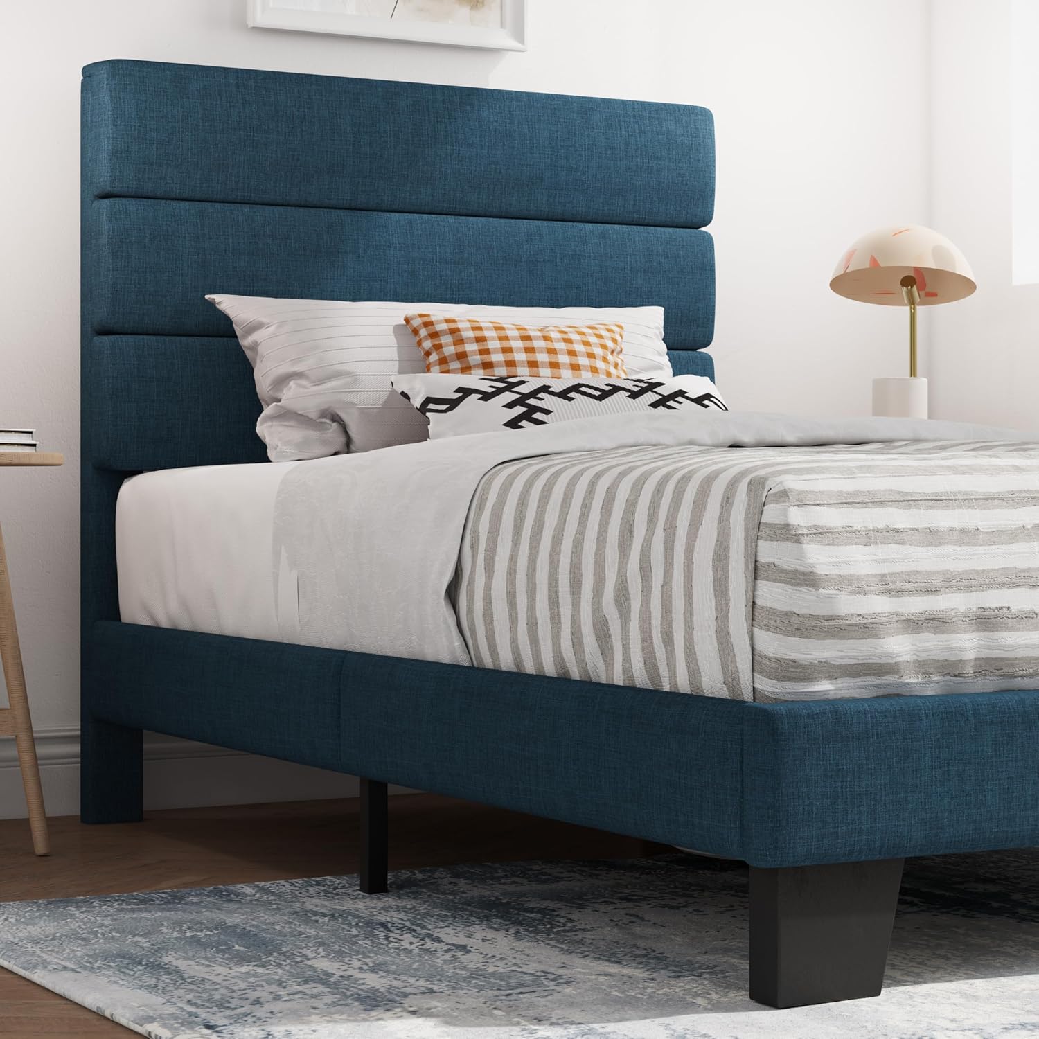 SHA CERLIN Twin Platform Bed Frame with Upholstered Fabric Headboard, Mattress Foundation with Strong Wooden Slats Support, No Box Spring Needed, Navy Blue