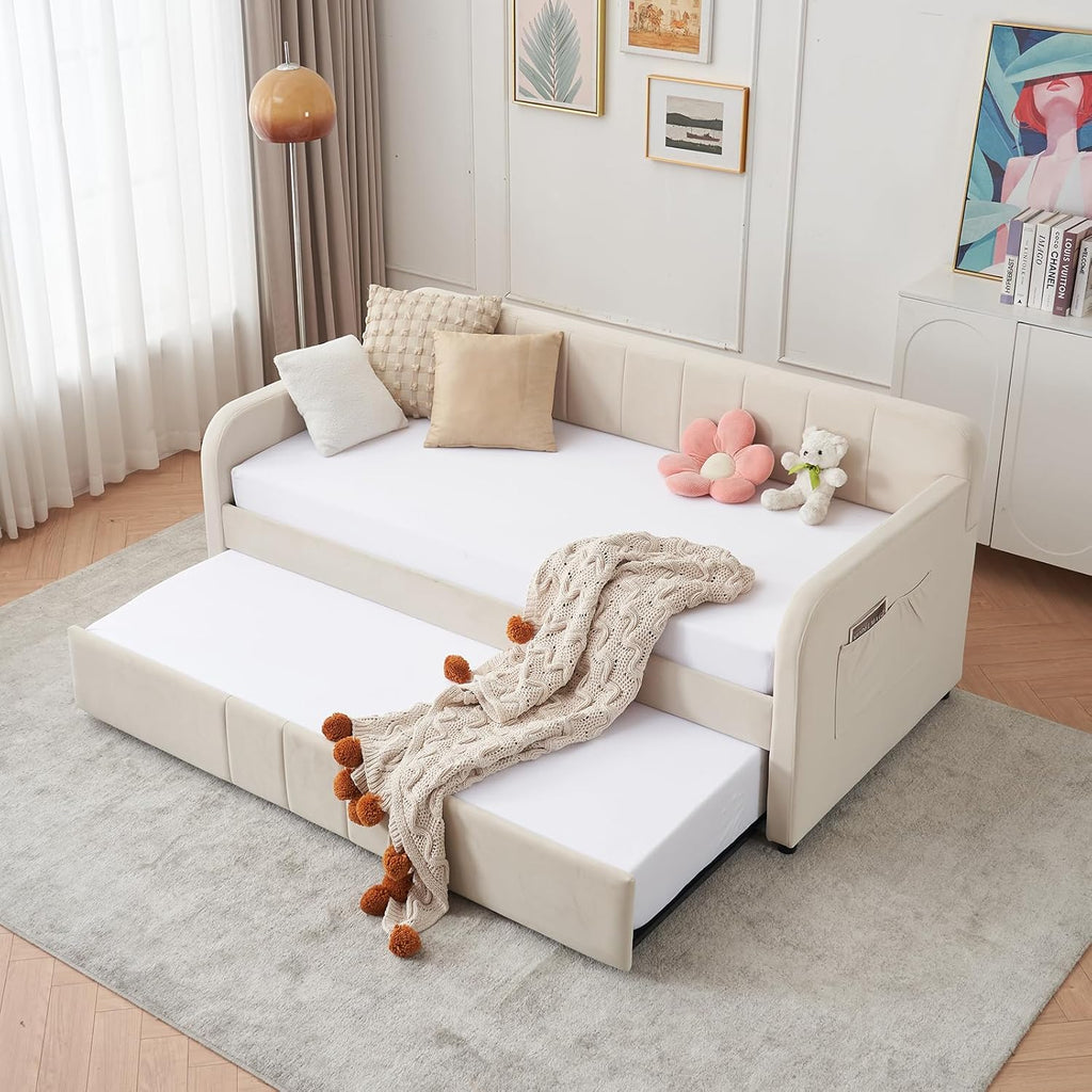 Deolme Twin to King Daybed with Trundle, USB Ports, Velvet Upholstered Daybed with Pop Up Trundle Bed, Modern Extendable Day Bed Frame for Kid Adult Bedroom Living Room Guest Room Small Places Beige