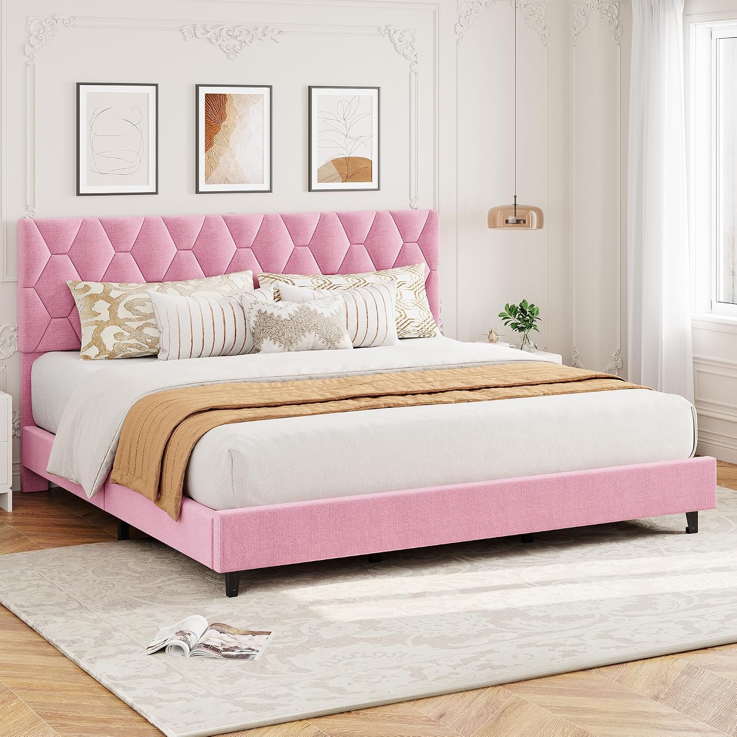 GarveeHome Pink King Bed Frame with Upholstered Headboard, Heavy-Duty Platform Bed Frame with Strong Wood Slats, No Box Spring Needed/Noise Free/Easy Assembly