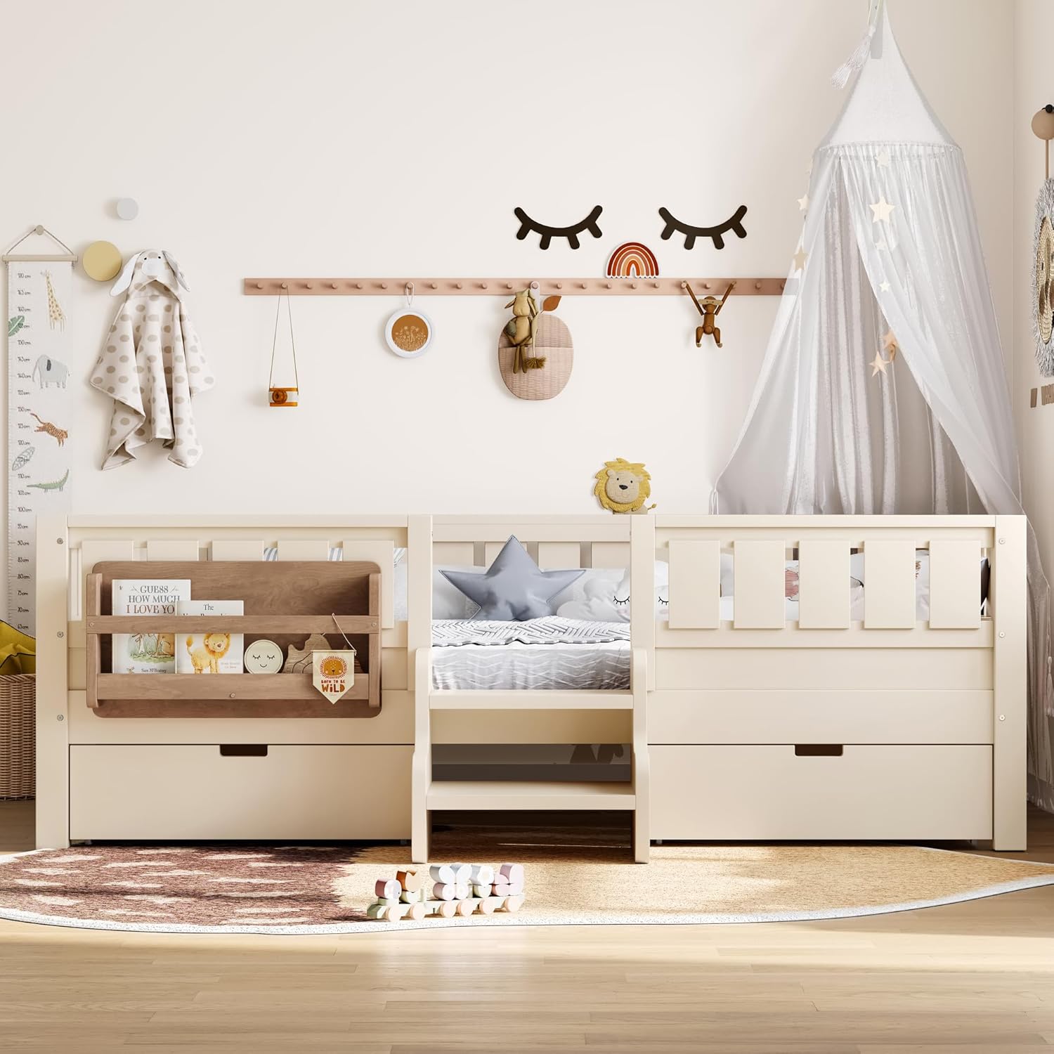 Bellemave Full Size Bed with Slats and Stairs, Full Size Platform Bed Frame with Fence, Bookshelf and Storage Drawers, Easy Assemble Beds for Kids, Girls, Boys, Beige