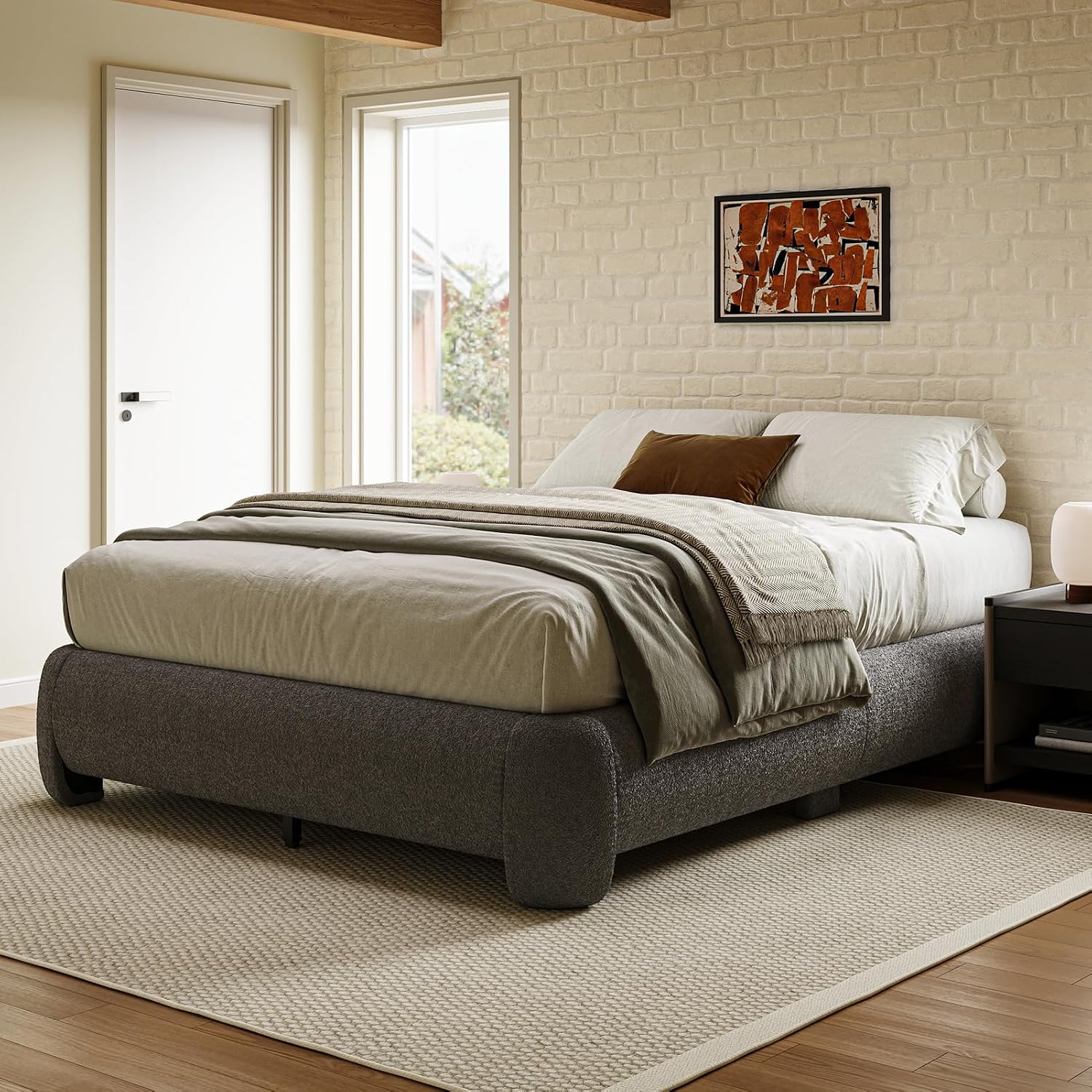 Cloud Full Size Platform Bed Frame, Soft Boucle Bed Frame with Round Corner, Upholstered Bedframe Full with Heavy Duty Wood Slat, No Box Spring Needed, Easy Assembly, Grey