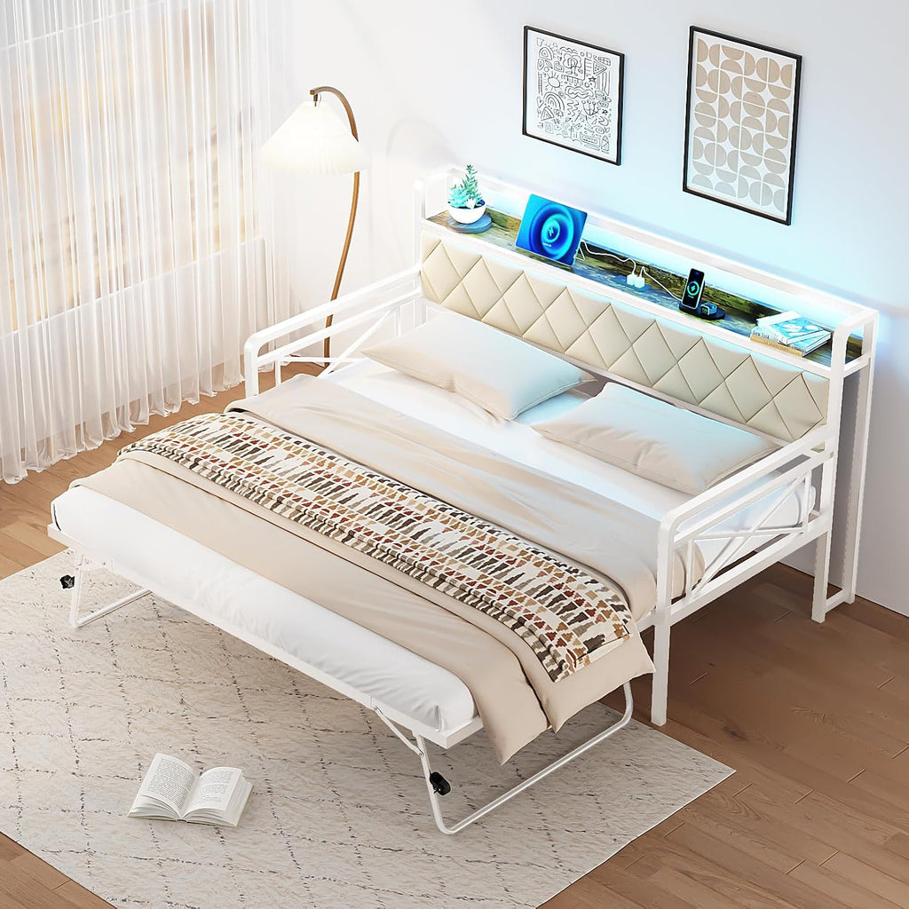 VINGLI Twin Daybed with Trundle Bed, Sofa DayBed with LED Light & Charing Station, Upholstered Bed Frame with Storage Headboard and Heavy Duty Metal Slats, for Living Room, Bedroom, Guest Room, White