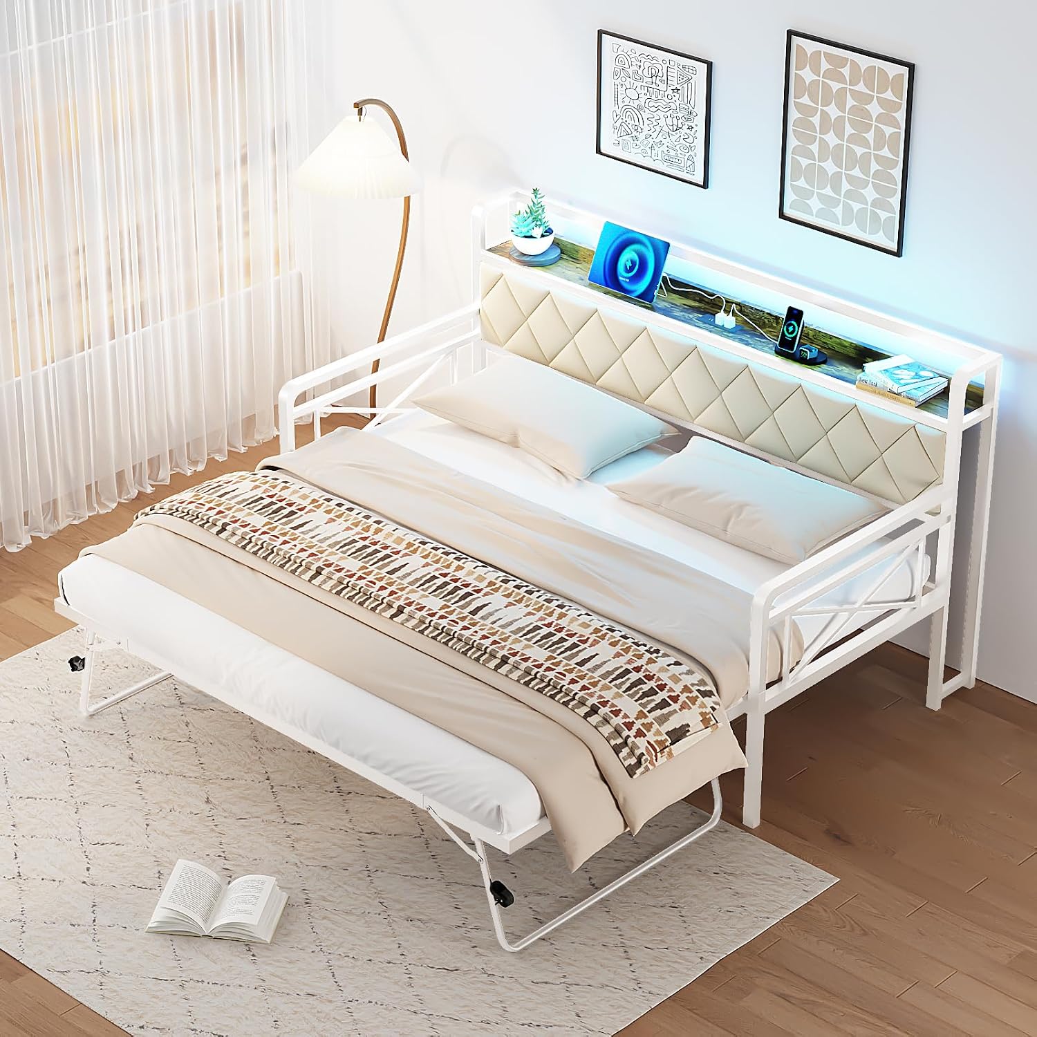VINGLI Twin Daybed with Trundle Bed, Sofa DayBed with LED Light & Charing Station, Upholstered Bed Frame with Storage Headboard and Heavy Duty Metal Slats, for Living Room, Bedroom, Guest Room, White