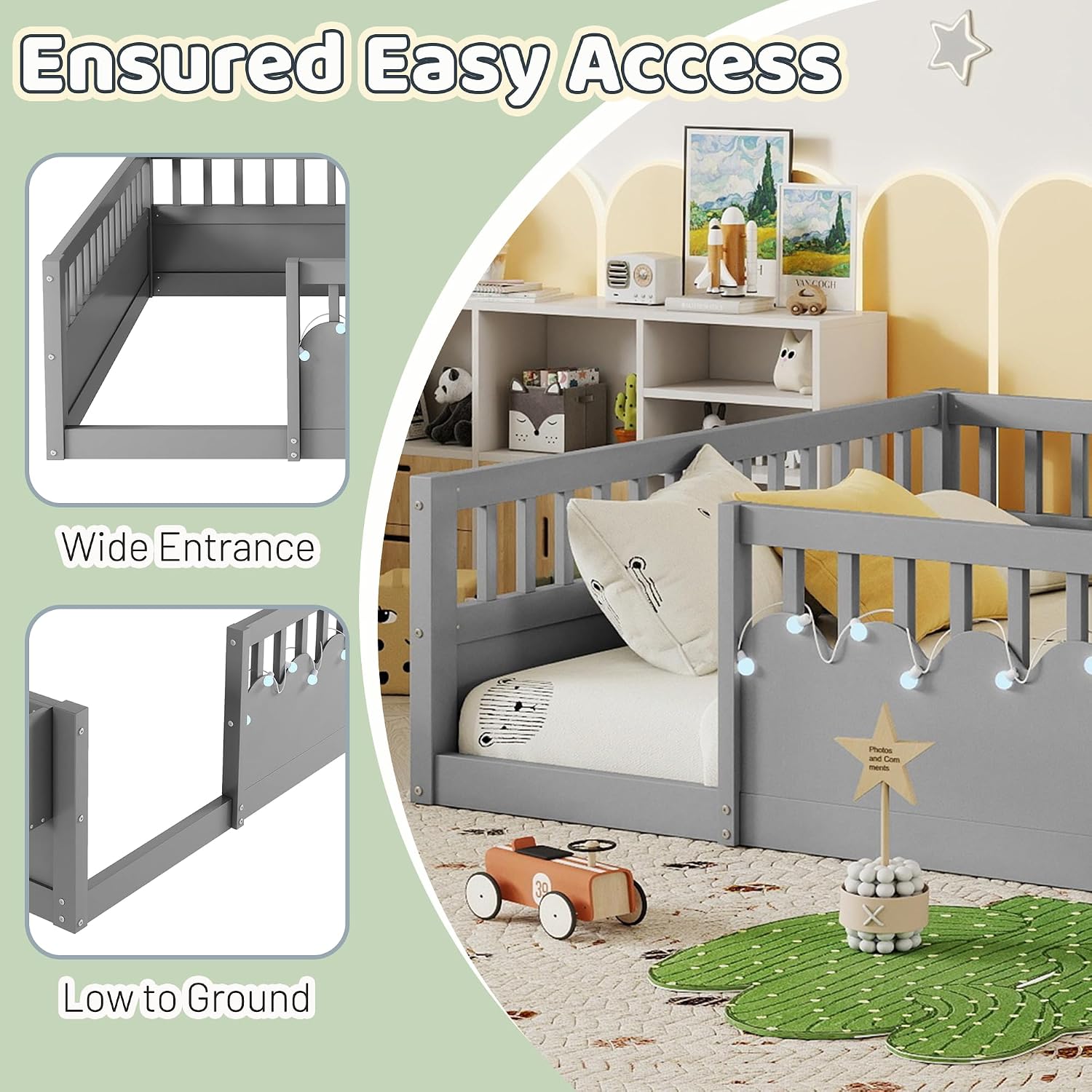 Montessori Floor Bed with High Rails,Twin Size Floor Bed Frame for Kids, LED Lights & Storage Shelf, Safe & Wider Opening Gate Design, Playground & Sleep Space for Girls Boys,Grey