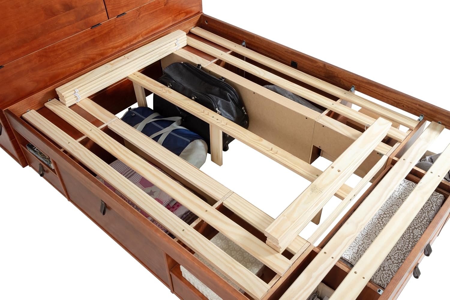 memomad Bali Set: Storage Platform Bed with Drawers + Bookcase Headboard (Full Size, Caramel Brown Wood)