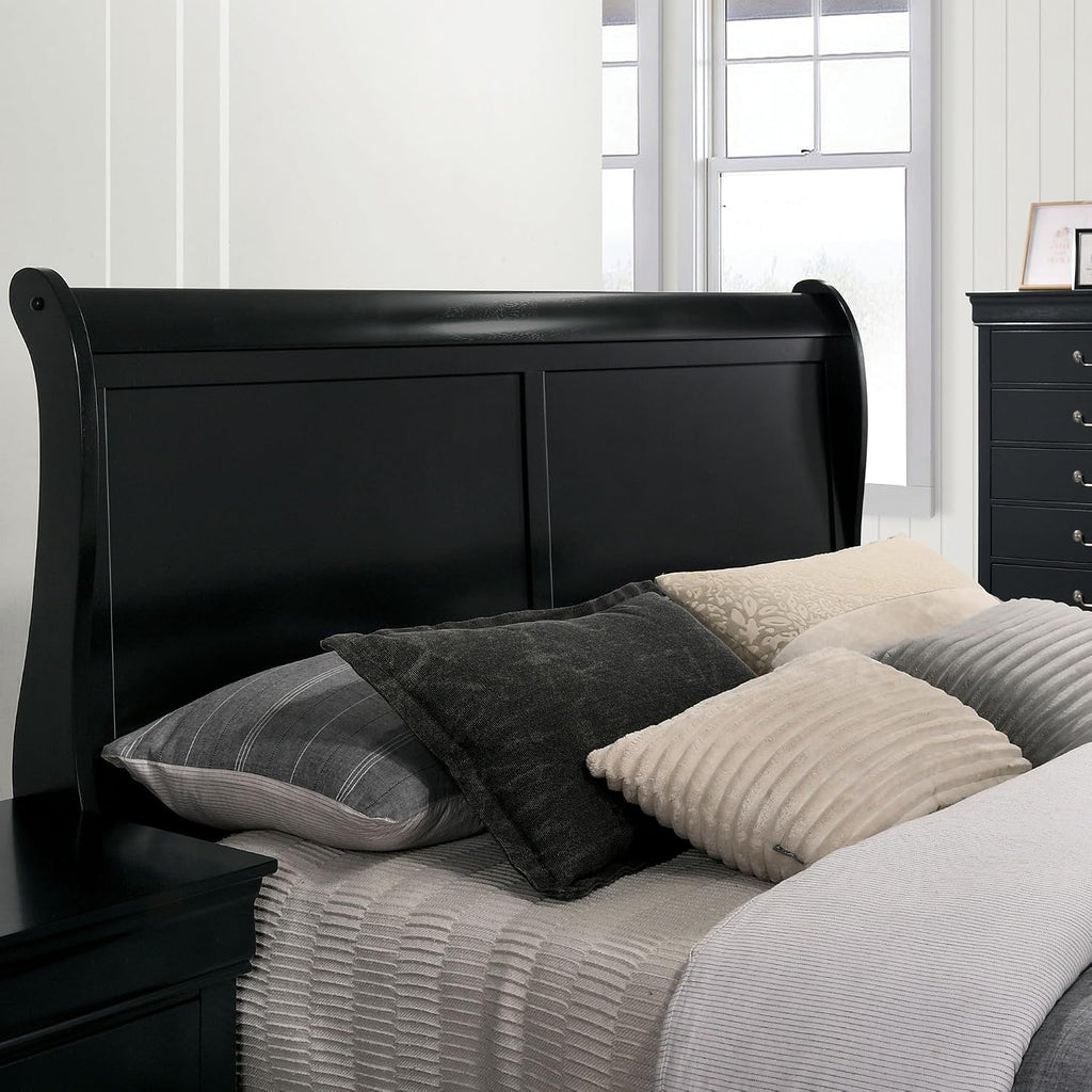 Furniture of America Hypatia Transitional Wood 3-Piece Set, Sleigh Panel Bed and 2-Drawer Nightstand for Bedroom, Queen, Black