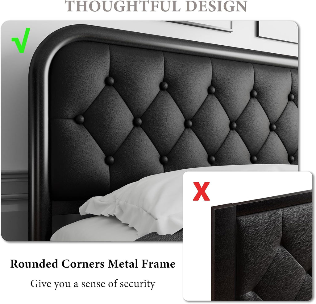iPormis King Size Metal Bed Frame with Leather Headboard, Heavy-Duty Platform Bed Frame, Thicker Metal Steel Slats Support, 12'' Under-Bed Space, Noise-Free, Easy Assembly, Matte Black