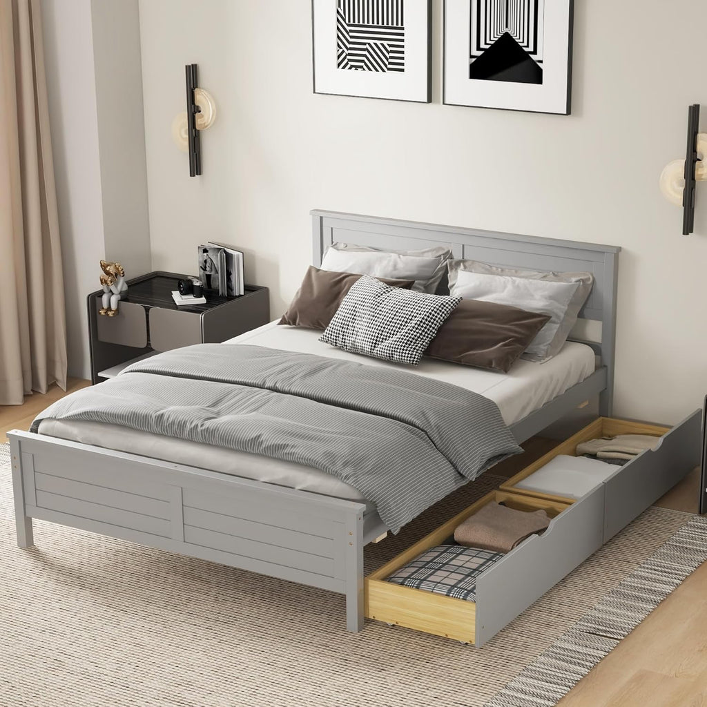 KOMFOTT Full Size Wood Bed Frame with 2 Storage Drawers, Mid Century Platform Bed Frame with Headboard, Sturdy Wooden Slats Support, Modern Mattress Foundation, No Box Spring Required, Easy Assembly