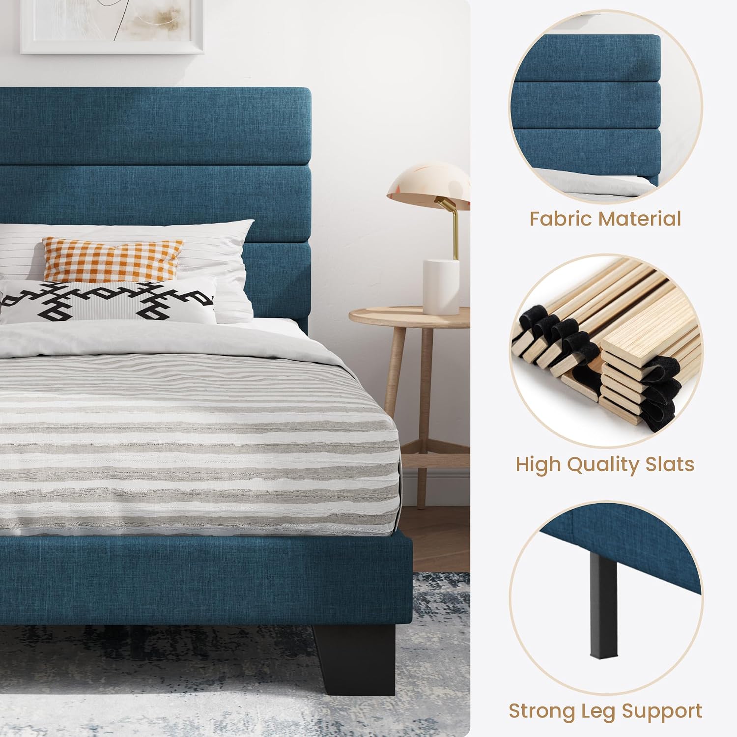 SHA CERLIN Twin Platform Bed Frame with Upholstered Fabric Headboard, Mattress Foundation with Strong Wooden Slats Support, No Box Spring Needed, Navy Blue