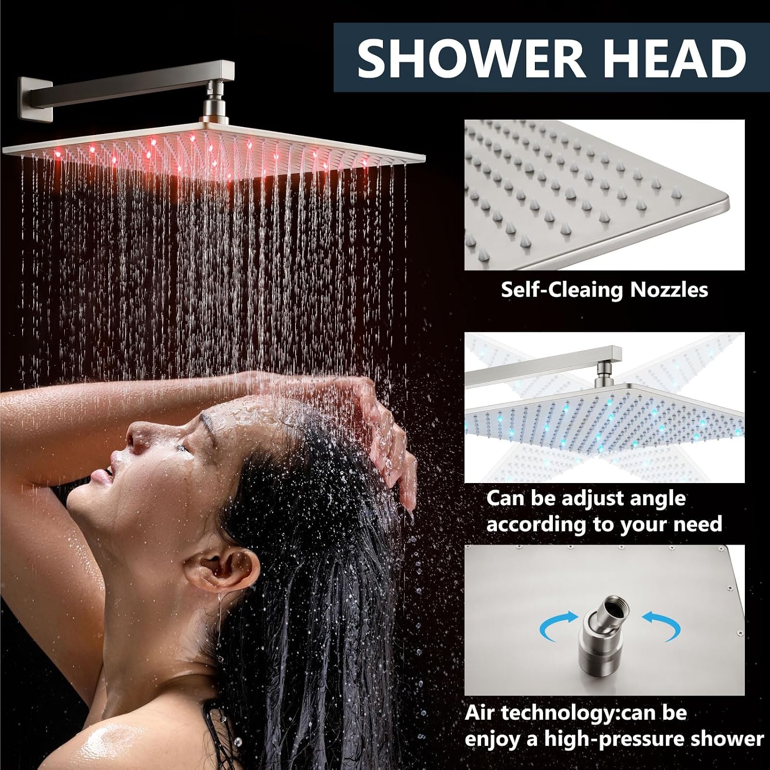 Aolemi Shower Faucet Set with Handheld Spray High Pressure Shower System Shower Faucets Sets Complete Rough-in Valve and Shower Trim Kit Wall Mount Rainfall 16 Inch LED Shower Head Brushed Nickel