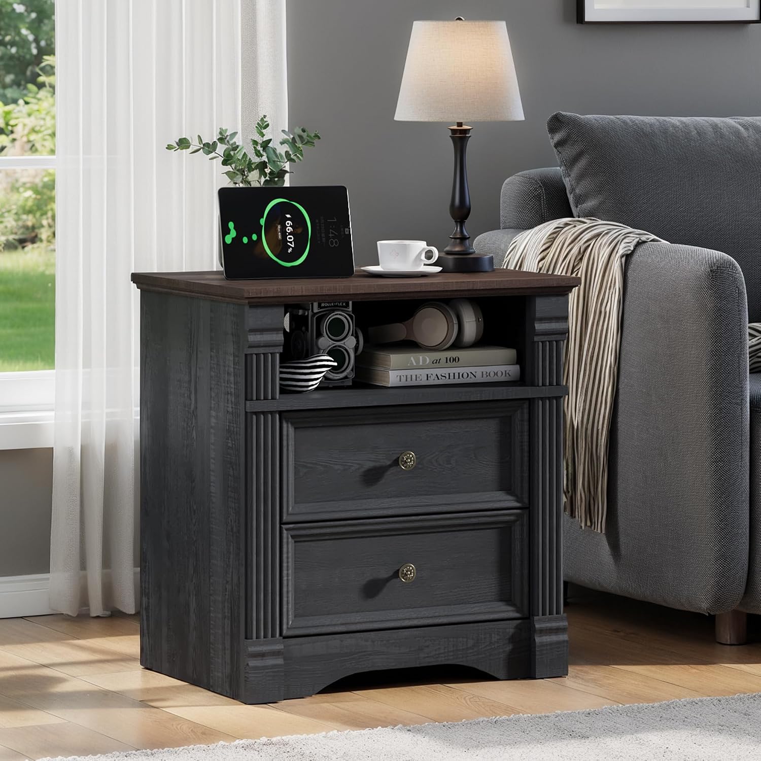 Bedroom Sets 2 Pieces, Farmhouse 6 Drawer Dresser and Nightstand Sets, Wood Furniture Set for Home, Bedroom, Living Room, Hallway, Black