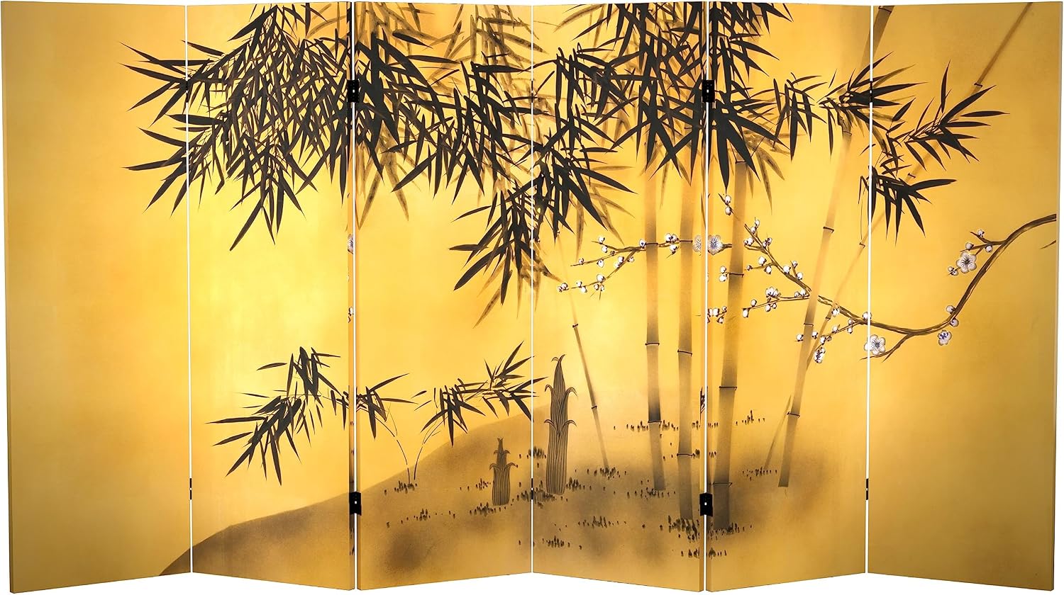 Red Lantern 4 ft. Short Double Sided Bamboo Tree Canvas Folding Screen 6 Panel Freestanding Partition and Separator for Modern and Contemporary Bedroom, Home Office, Studio, Dorm, Apartment