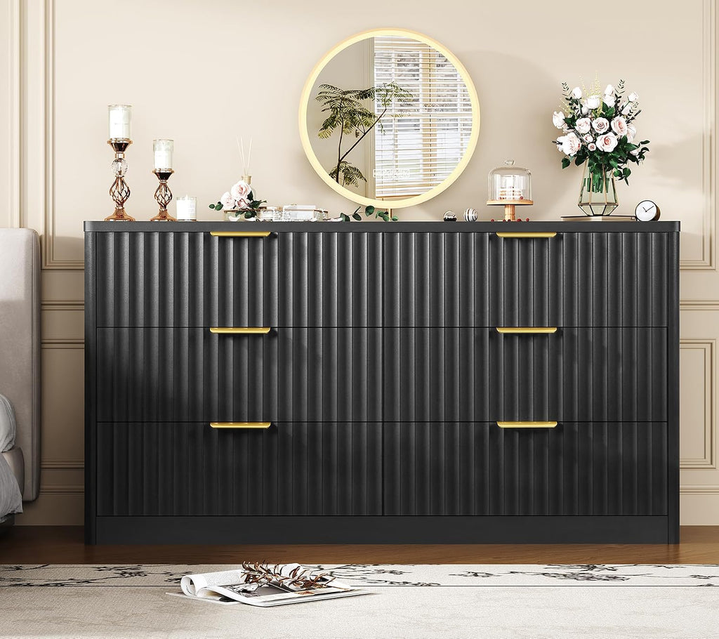 TEENFON Fluted 6 Drawer Dresser for Bedroom, Wide Modern Chest of Drawers with Metal Handle, Curved Profile Design, Wood Closet Clothes Storage Organizer for Bedroom, Living Room, Hallway, Black