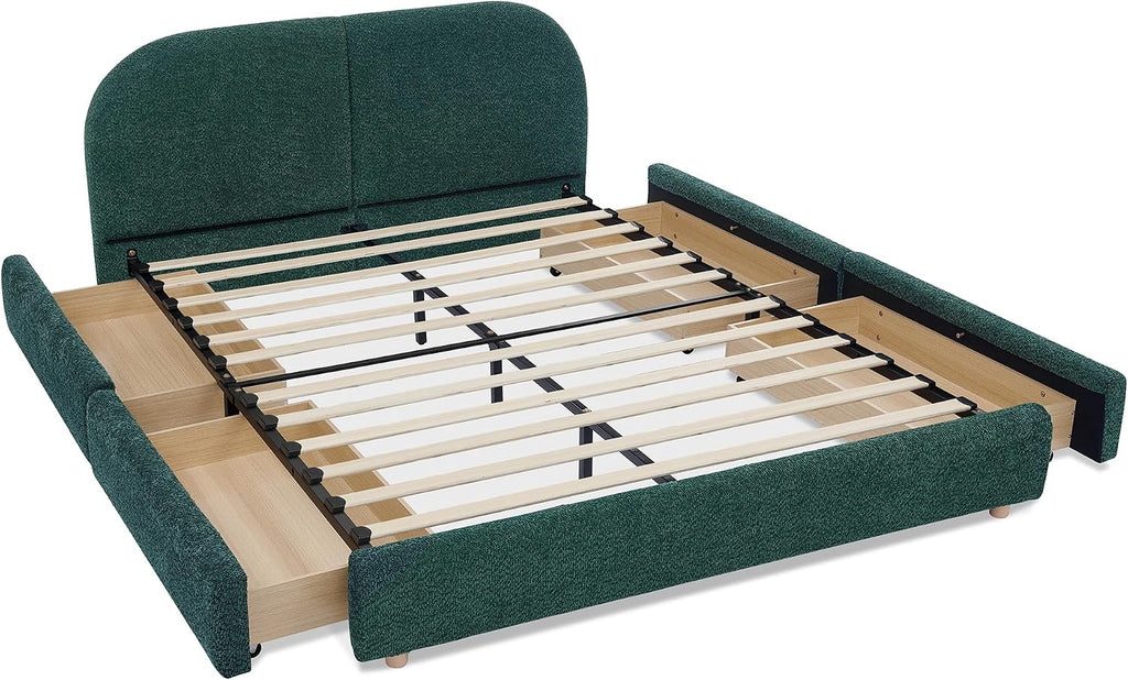 Queen Size Floor Bed Frame with 4 Wheeled Storage Drawer and Tall Curved Headboard, Modern Minimalist Style Upholstered Platform Bed Frame, Wooden Slats Support, Easy Assembly, Green
