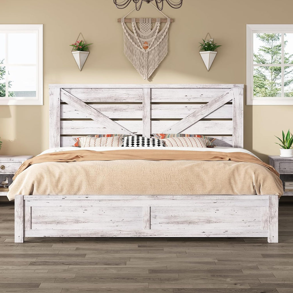 AMERLIFE King Size Bed Frame with 49.2' Barn Door Headboard and Footboard, Farmhouse Platform Bed Frame with Wood Slats, No Box Spring Needed, Under Bed Storage, Distressed White