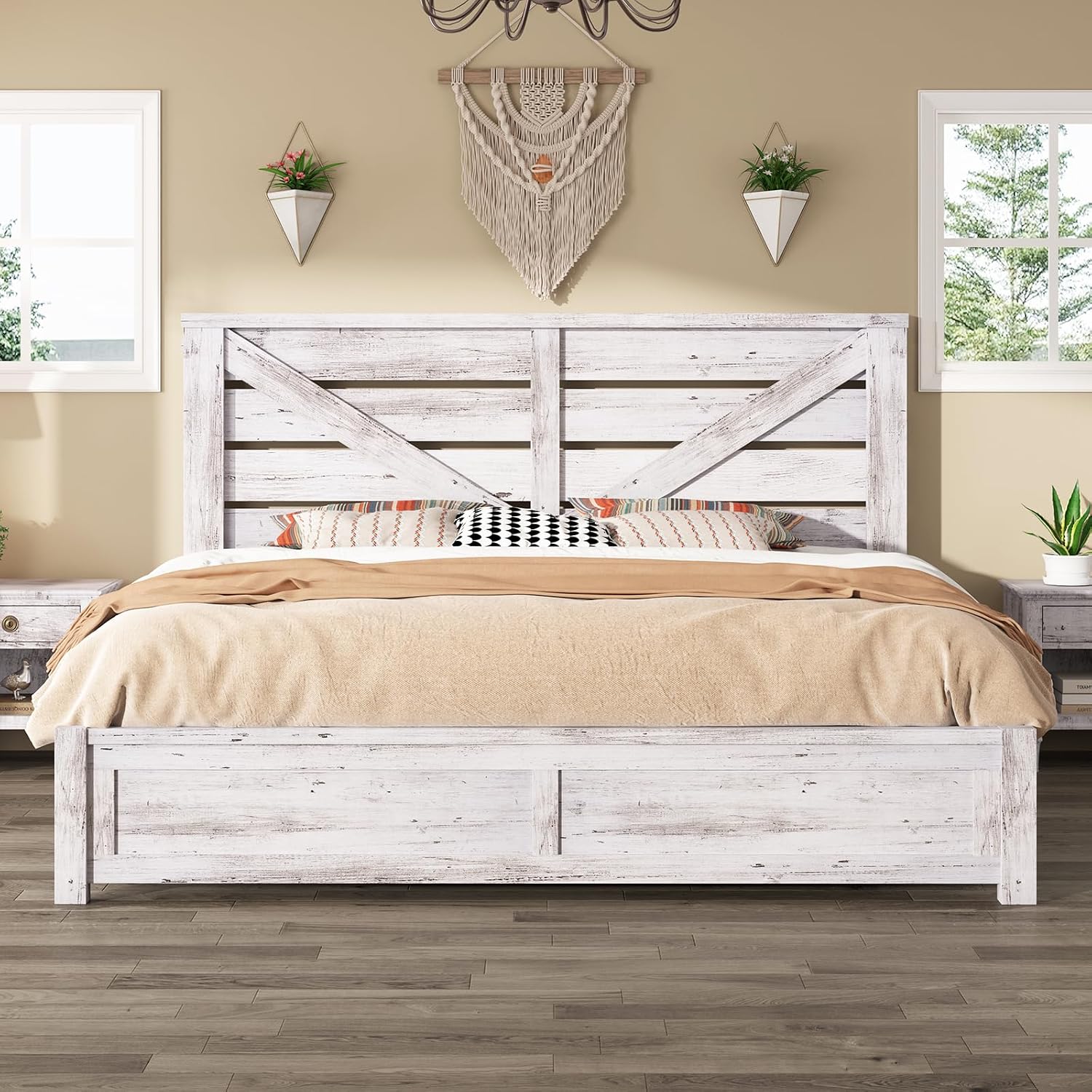 AMERLIFE King Size Bed Frame with 49.2' Barn Door Headboard and Footboard, Farmhouse Platform Bed Frame with Wood Slats, No Box Spring Needed, Under Bed Storage, Distressed White