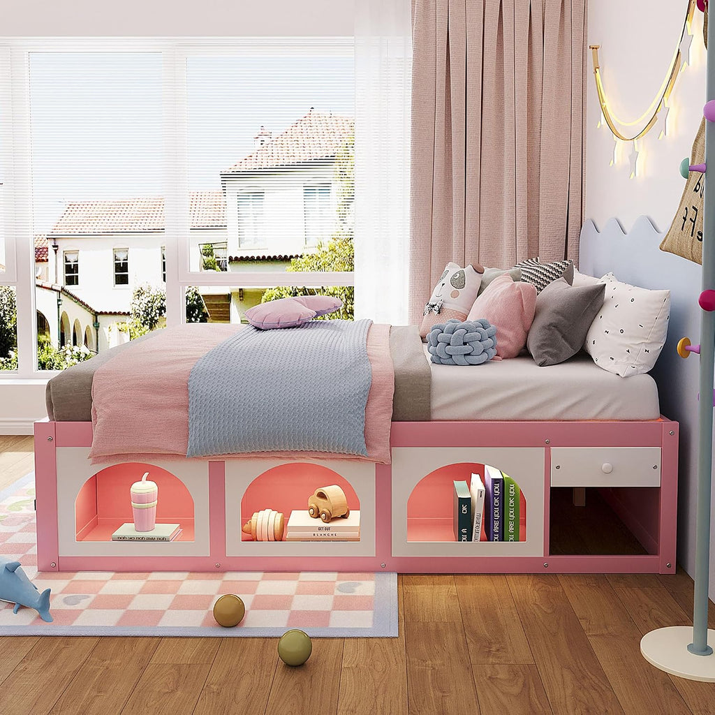 Bellemave Queen Size Kids Bed with Display Cabinet, LED Light and Drawer, Wood Queen Platform Bed with Bookshelf, BedFrames for Kids, Adults, Pink+White