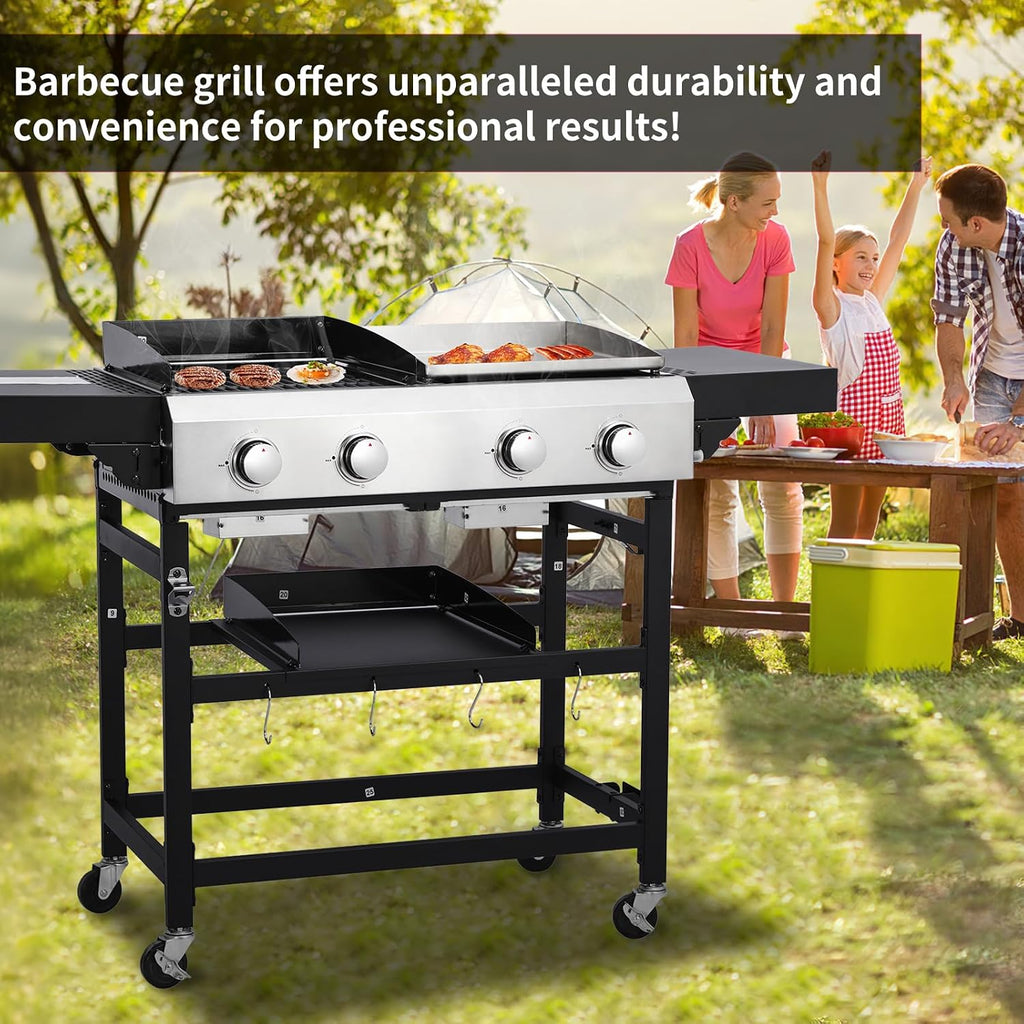 CIG GARDEN 4-Burner Propane Gas Grill and Griddle Combo, 42,000 BTU Output BBQ Grill with Cast Iron Grates, Perfect for Outdoor Cooking, Balcony, Backyard, Camping, Barbecue
