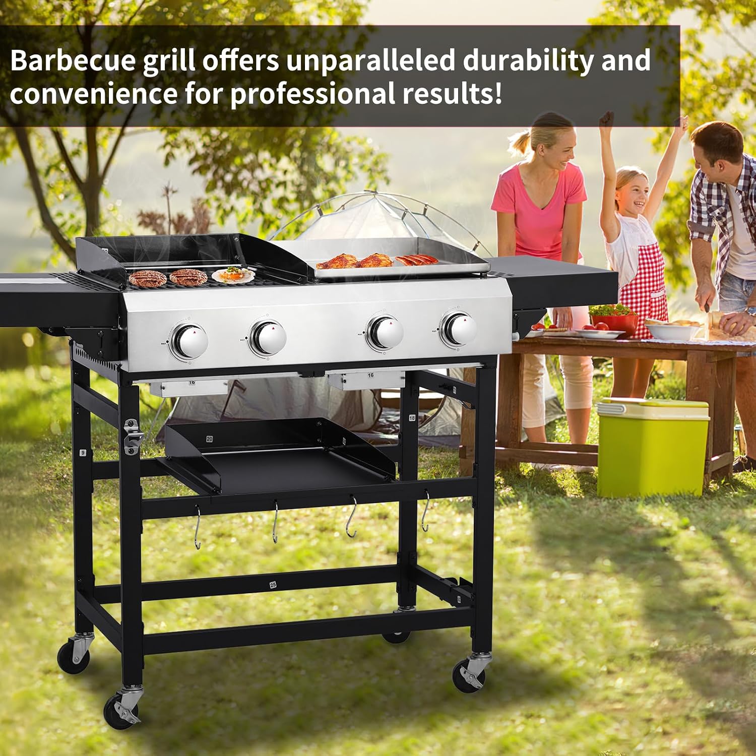 CIG GARDEN 4-Burner Propane Gas Grill and Griddle Combo, 42,000 BTU Output BBQ Grill with Cast Iron Grates, Perfect for Outdoor Cooking, Balcony, Backyard, Camping, Barbecue