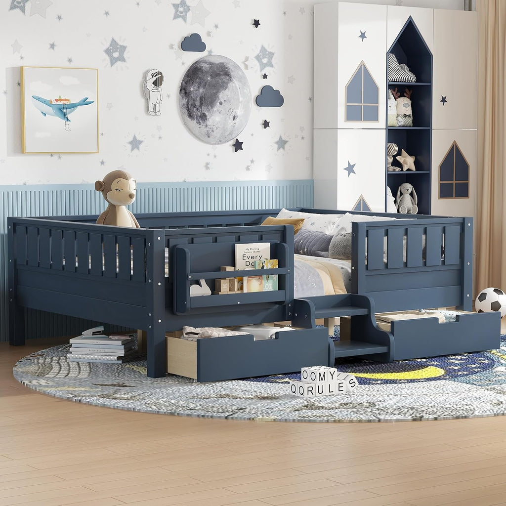 Bellemave Full Floor Bed with Stairs, Rails and Slats, Full Size Montessori Floor Bed with Bookshelf and 2 Storage Drawers, Easy Assemble Montessori Beds Frame for Girls, Boys, Blue