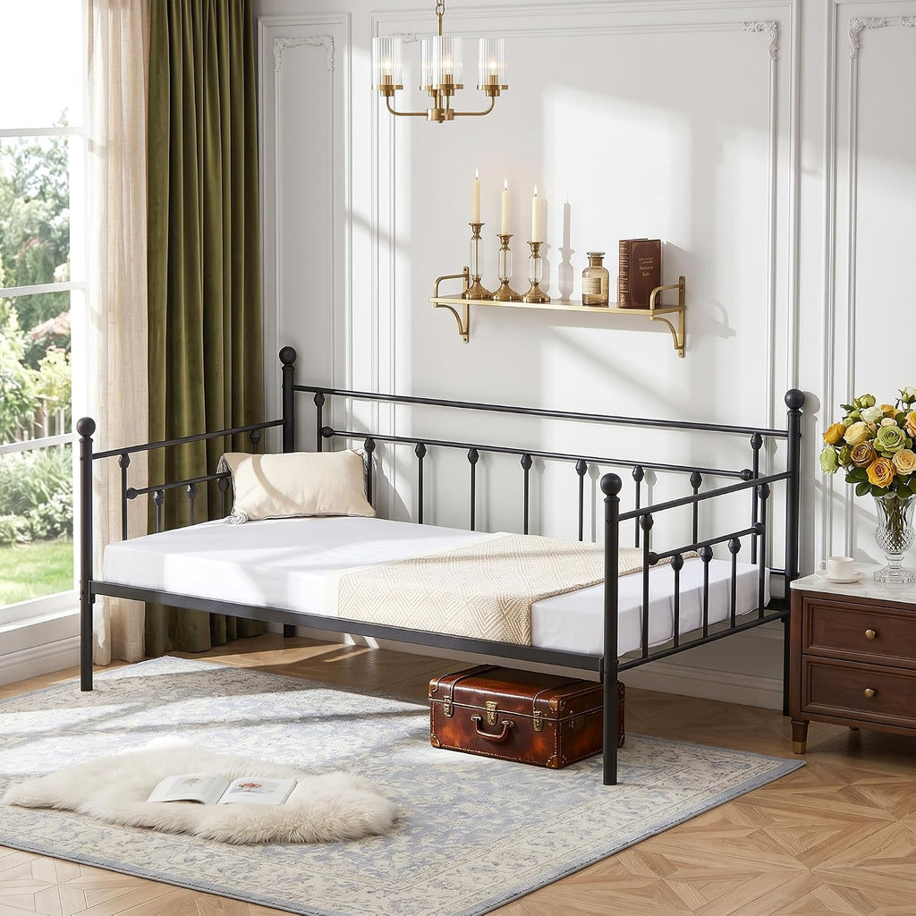 VECELO Daybed Frame, Twin Size Metal Platform Bed with Headboard,Heavy Duty Steel Slats Support for Living Room Bedroom Guest Room, Easy Assembly