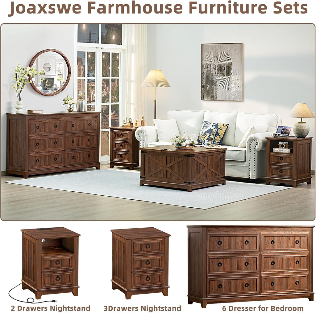 Joaxswe Farmhouse Furniture Set, Nightstands Set of 2 and 6 Drawers Dresser for Bedroom, 54 Inch Wide Wood Dresser and 18' Night Stands with Charging Station for Bedroom, Living Room, Hallway