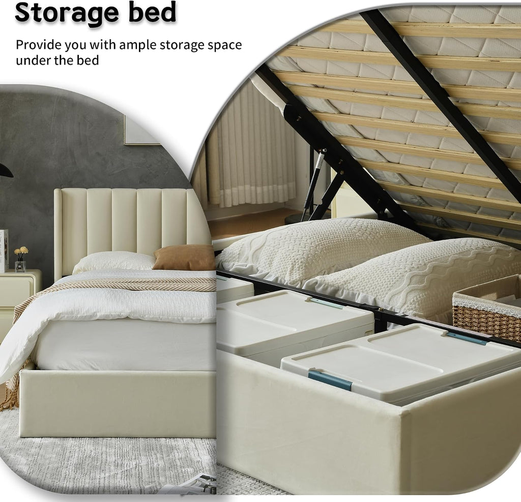 YUHUASHI Queen Size Hydraulic Storage Bed, Upholstered Platform Bed Frame, Modern Wingback Design Headboard, Velvet Fabric with Hydraulic Support Bars, No Box Spring Required (Cream, Queen)