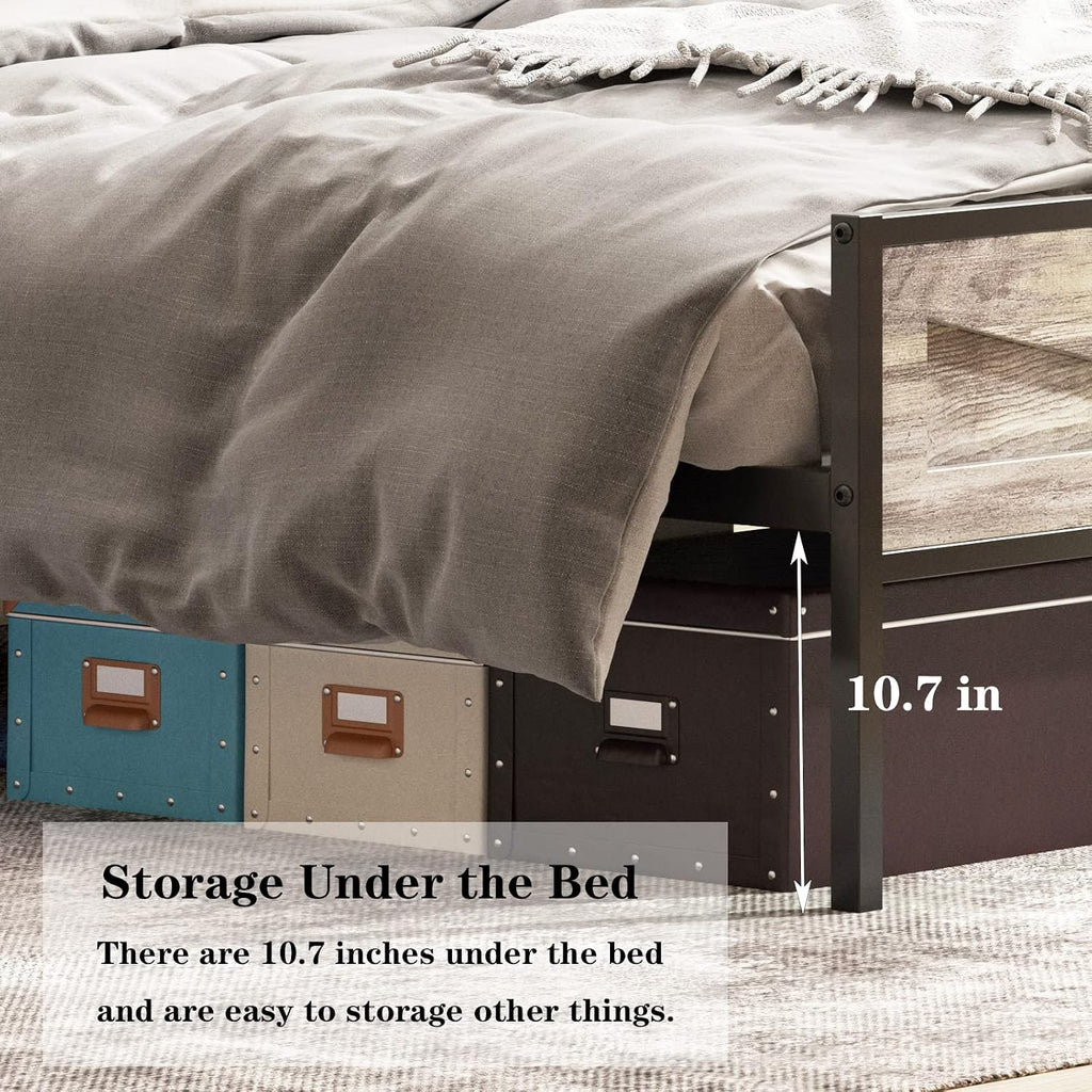 Halitaa LED Full Size Bed Frame with Charging Station, Platform Metal Bed with Headboard Storage & USB Ports Outlets, Farmhouse Bed Frame with Lights for Bedroom, Noise Free, Wash Grey (Full)