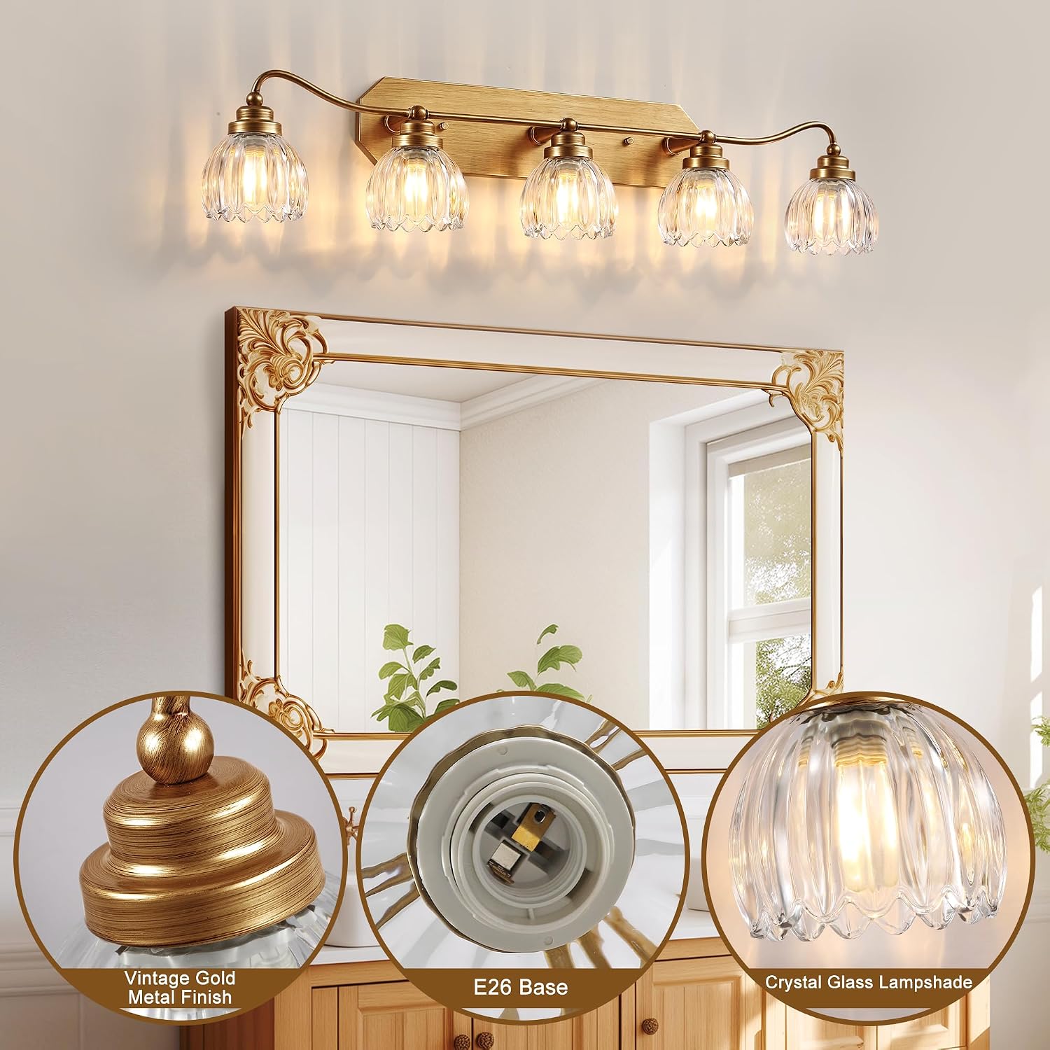 Vintage Bathroom Light Fixtures, 5 Light Gold Bathroom Vanity Light, Matte Antique Brass Finish with Crystal Glass Shade, Wall Sconces Lighting for Bedroom, Living Room, Hallway