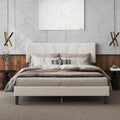 EVLIQUIL Platform Bed Frame Full Size with Fabric Upholstered Headboard and Wooden Slats Support, Fully Upholstered Mattress Foundation, No Box Spring Needed & Easy Assembly, Beige
