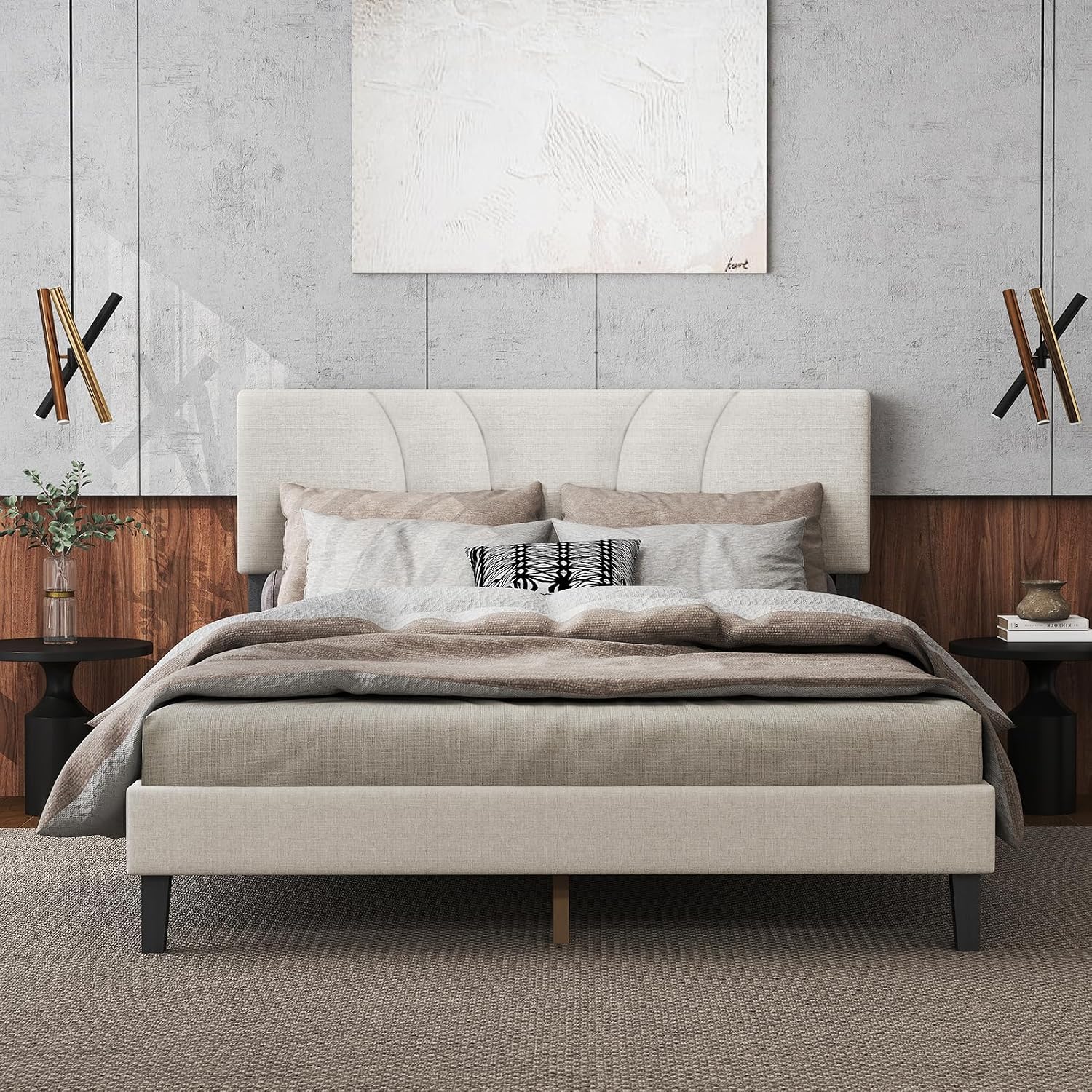 EVLIQUIL Platform Bed Frame Queen Size with Fabric Upholstered Headboard and Wooden Slats Support, Fully Upholstered Mattress Foundation, No Box Spring Needed & Easy Assembly, Beige