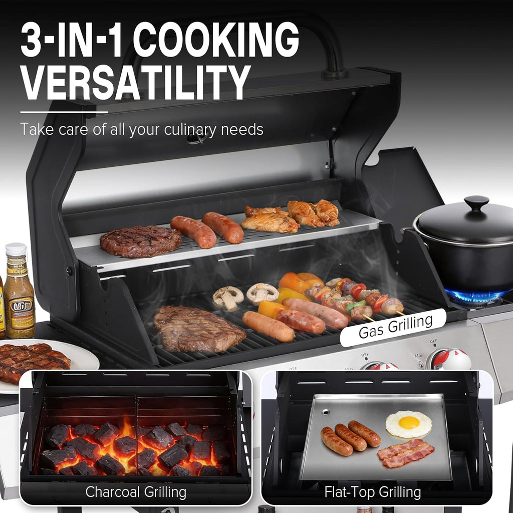 Gas and Charcoal Grill Combo with Side Burner, 4-Burner Propane Grill and Griddle Combo with Porcelain-Enameled Cast Iron Grates & Double-Wall Insulated Lid, 49,000 BTU Outdoor BBQ Grill