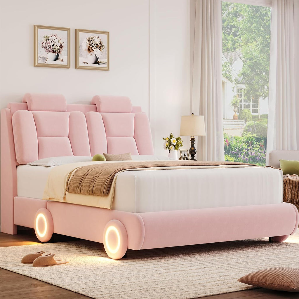 Keyluv Full Led Car Bed Frame with Wheels Decor & Adjustable Curved Headboard Modern Upholstered Platform Bed with Detachable Pillows Solid Wooden Slats Support No Box Spring Needed, Velvet Pink