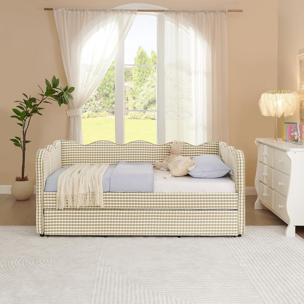 DEINPPA Twin Size Upholstered Daybed with Trundle, Gingham Daybed with USB Ports for Bedroom Living Room Guest Room-Brown