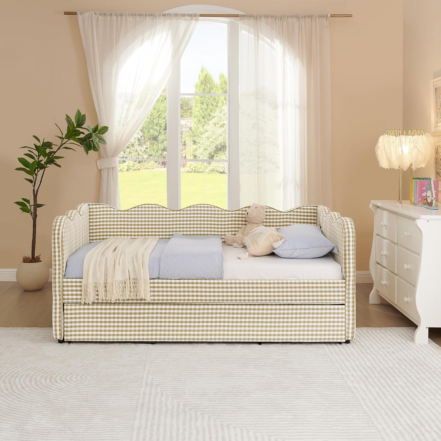 DEINPPA Twin Size Upholstered Daybed with Trundle, Gingham Daybed with USB Ports for Bedroom Living Room Guest Room-Brown