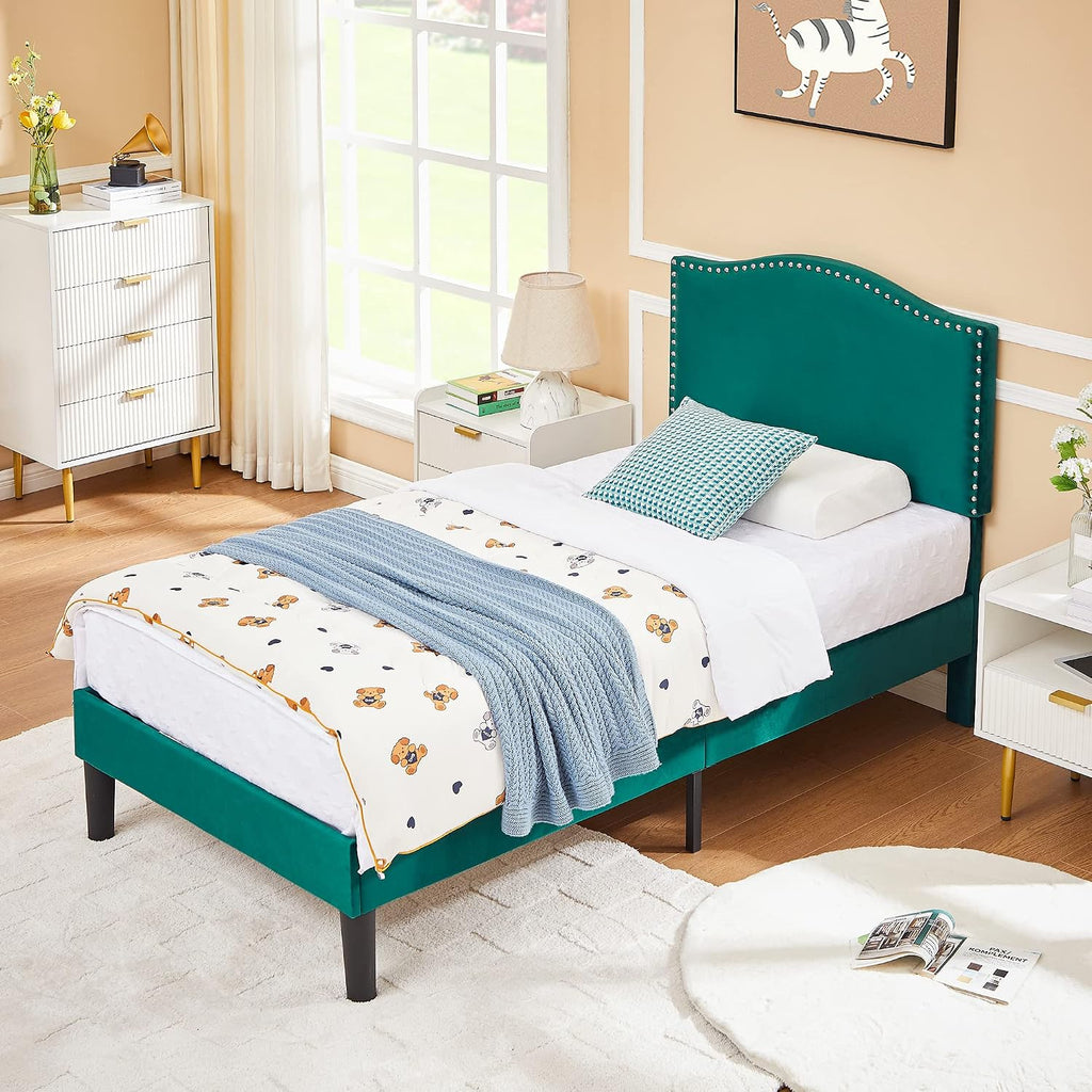 VECELO Twin Bed Frame, Platform Bed Frame with Adjustable Height Upholstered Headboard, Heavy-Duty Frames and Strong Wooden Slats Support, Non-Slip and Noise-Free, Easy Assembly, Dark Green
