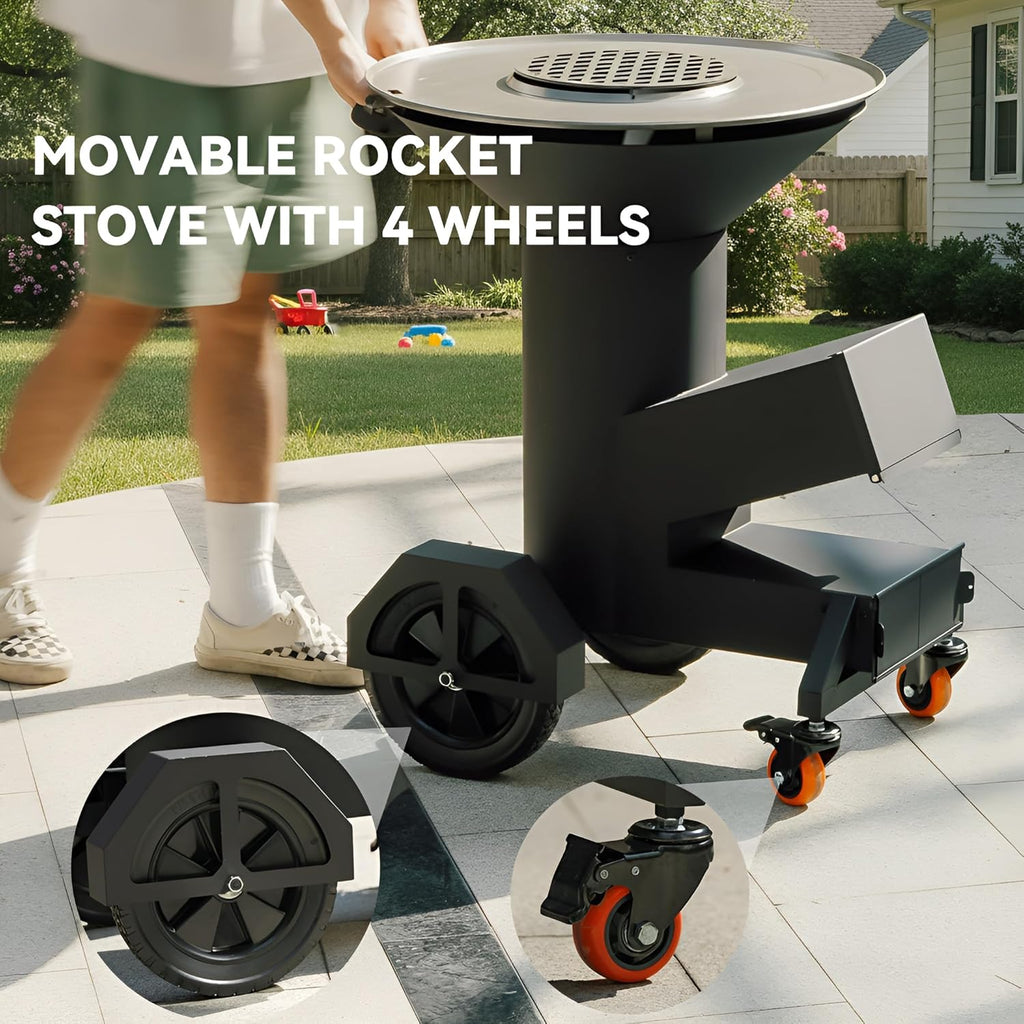 ONLYFIRE GRILLS Heavy Duty Rocket Stove with Griddle, Grate, Wheels, Ash Tool & Cover, Large Wood Stove BBQ Grill for Patio Outdoor Cooking Backyard Camping Beach Tailgating, 28x23x31in, GS346