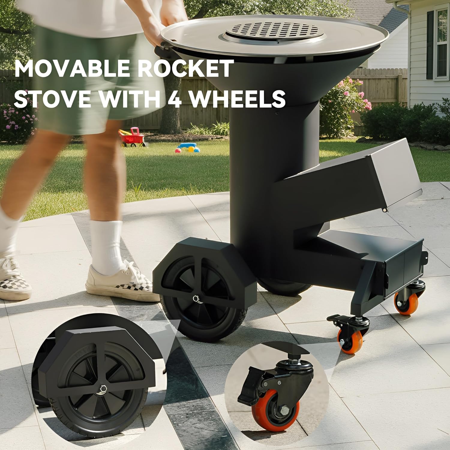 ONLYFIRE GRILLS Heavy Duty Rocket Stove with Griddle, Grate, Wheels, Ash Tool & Cover, Large Wood Stove BBQ Grill for Patio Outdoor Cooking Backyard Camping Beach Tailgating, 28x23x31in, GS346
