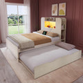 DWVO Twin Size Bed with Trundle, Bookcase Bed Frame with Storage Headboard and Charging Station, RGB LED Lights Bed with Wooden Support with Type-C, No Box Spring Needed, Noise Free, White