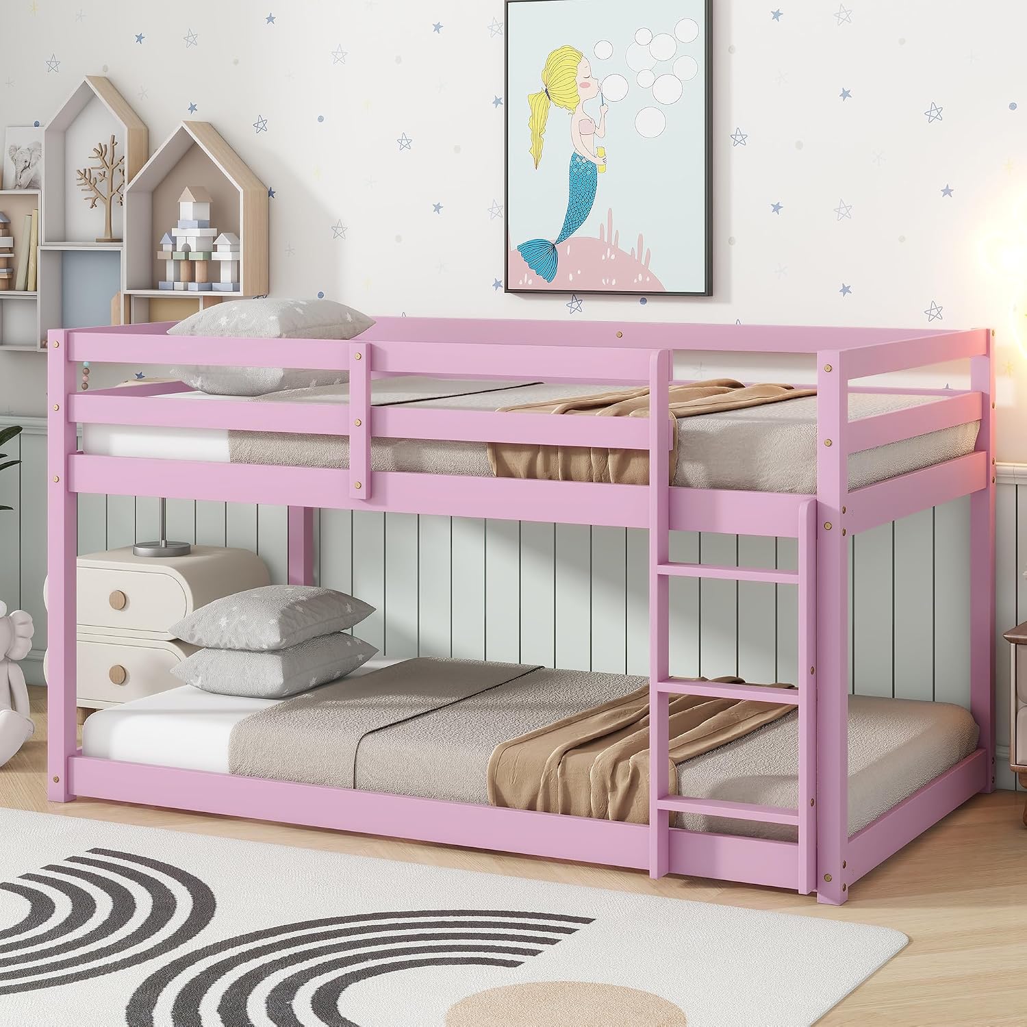 Bunk Bed Twin Over Twin, Floor Bunk Bed with Ladder, Safety Guard Rails, Heavy Duty Wooden Twin Bunk Beds Frame Low Bunkbeds No Box Spring Required, Pink