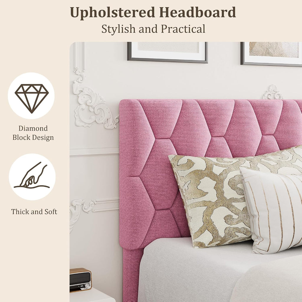 GarveeHome Pink Full Bed Frame with Upholstered Headboard, Heavy-Duty Platform Bed Frame with Strong Wood Slats, No Box Spring Needed/Noise Free/Easy Assembly