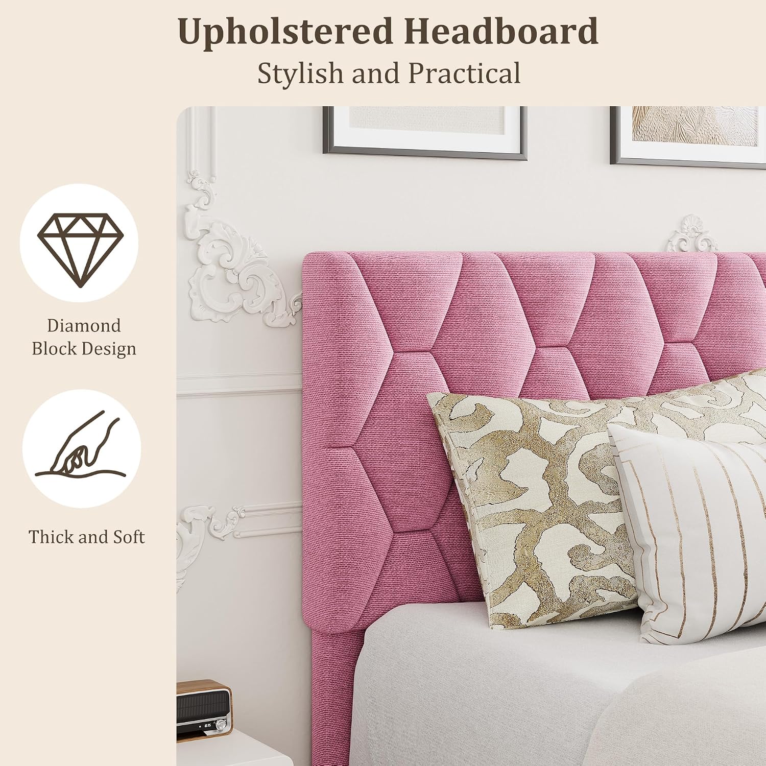 GarveeHome Pink Full Bed Frame with Upholstered Headboard, Heavy-Duty Platform Bed Frame with Strong Wood Slats, No Box Spring Needed/Noise Free/Easy Assembly