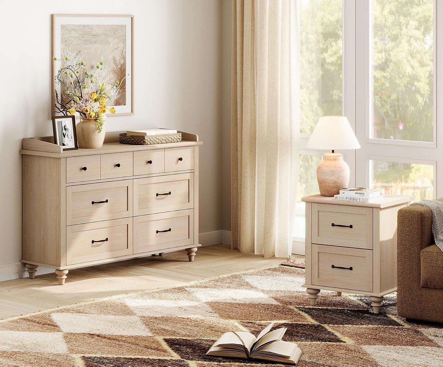 WAMPAT 2 Piece Bedroom Set - Includes 6 Drawer Dresser for Bedroom, Mid Century Nightstand with Charging Station & Drawers, 2 Piece Dresser and Nightstand Sets, Beige