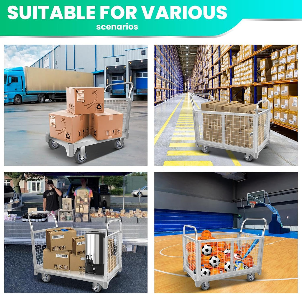 4-in-1 Platform Truck Cart with Cage, Multi-Functional Push Dolly Heavy Duty Flatbed Cart, 2200LBS Capacity Utility Cart for Grocery, Garage