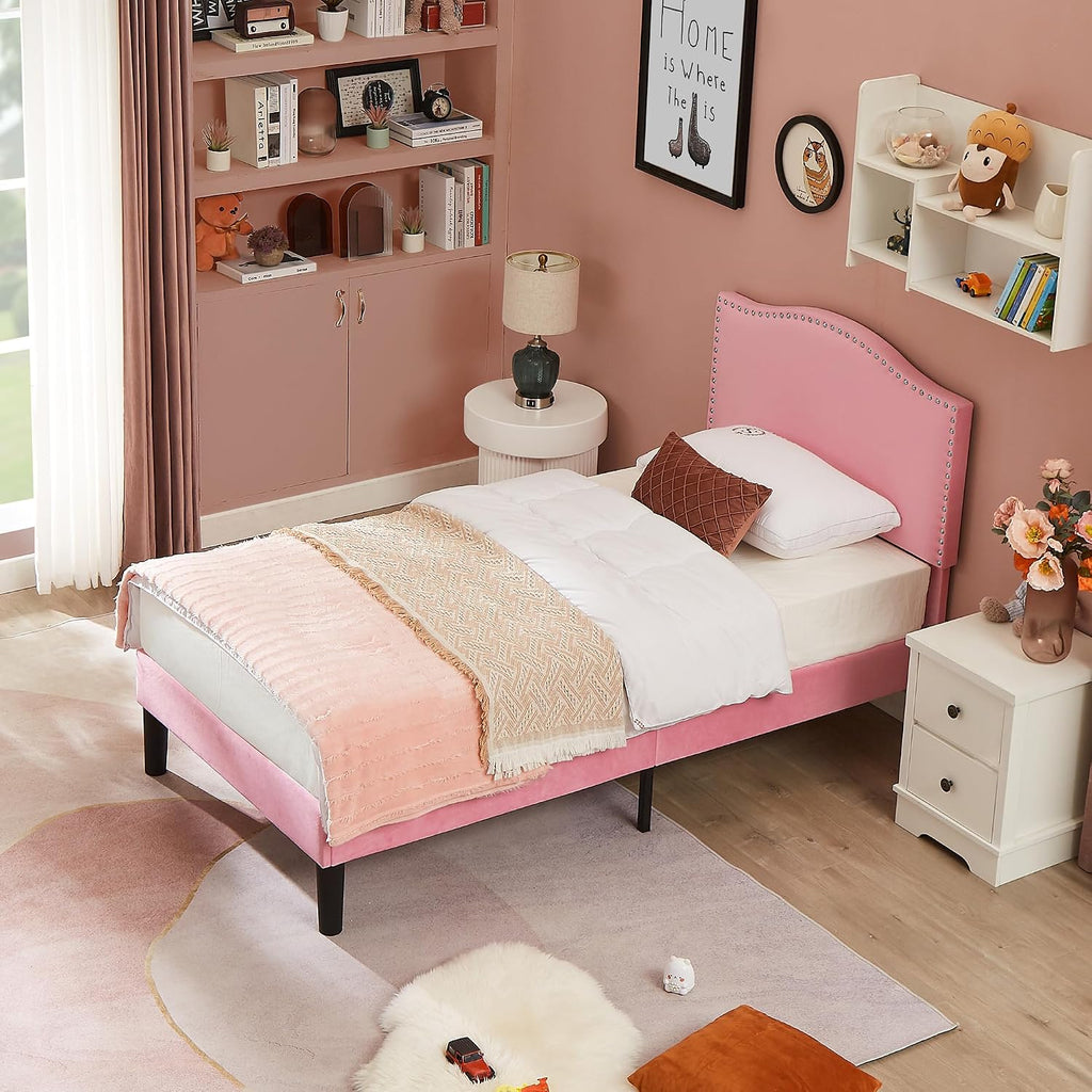 VECELO Twin Bed Frame, Platform Bed Frame with Adjustable Height Upholstered Headboard, Heavy-Duty Frame and Strong Wooden Slats Support, Non-Slip and Noise-Free, Easy Assembly, Pink
