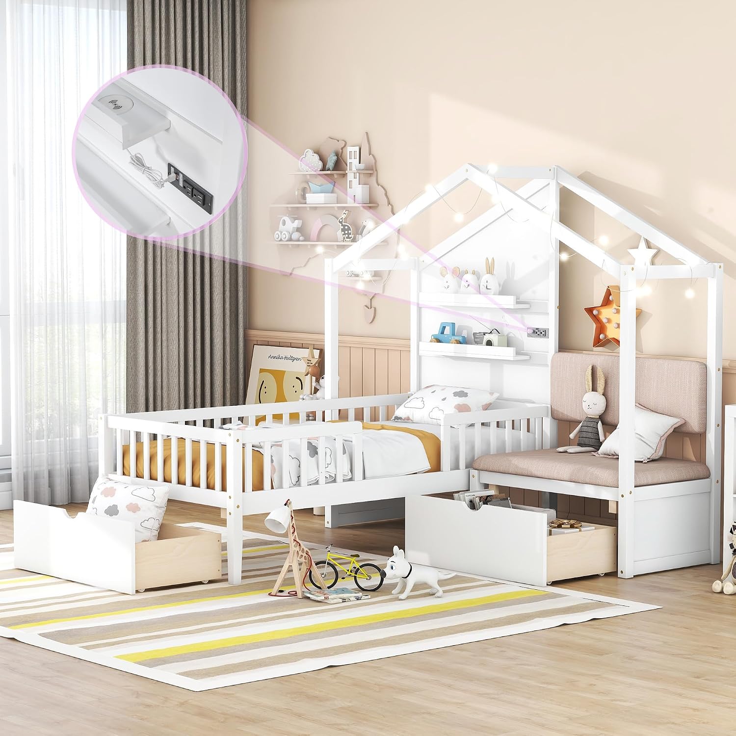 Twin Size House Bed with Upholstered Sofa and Safety Fence for Kids Boys Girls, Versatility Solid Wood Kids Platform Bed with Charging Station, Wireless Charging, Shelves and 2 Drawers (White-G1)