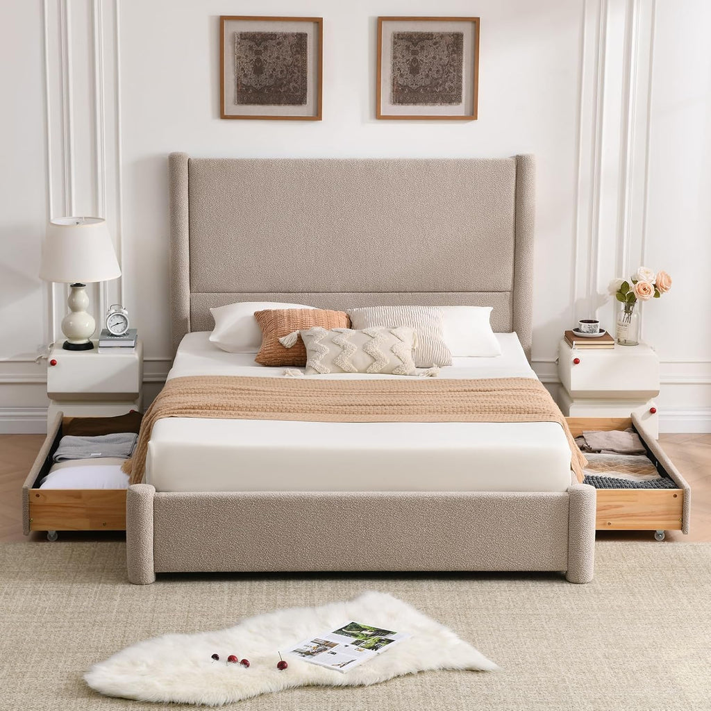 VELOCAVA Queen Size Upholstered Bed Frame with 51.77' Tall Headboard and Soft Rounded Corners, Side Storage Drawers, 12-Slat Support, No Box Spring Needed, Bouclé Texture, Beige